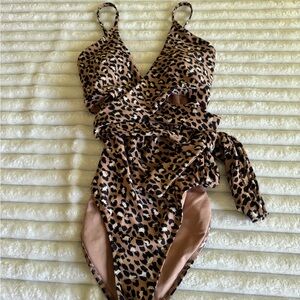 Aerie Leopard Print One Piece Swimsuit Tie Front Size Medium